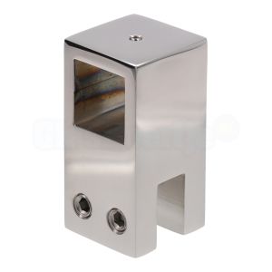 CBM RVS glas montageblokje 90 graden voor stabilisatiestang 20x20 mm, open achterkant, gepolijst RVS (3050.6B)