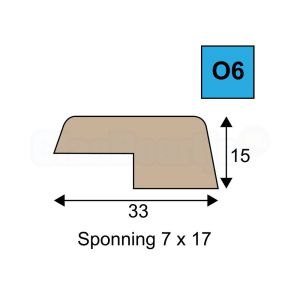 Opdeklat model O6, 15 x 33 mm, Meranti, RAL1013, div. lengtes